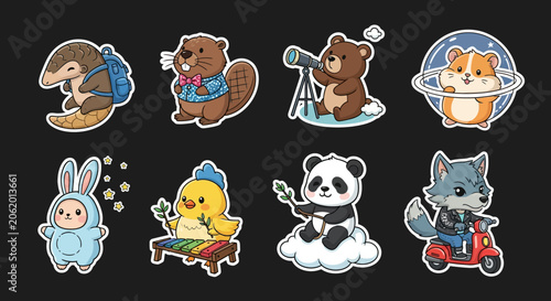 Colorful cartoon animal characters in various poses.