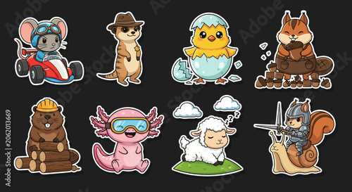Colorful cartoon animal characters in various poses.