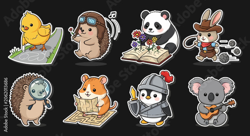 Colorful cartoon animals in various costumes and activities.