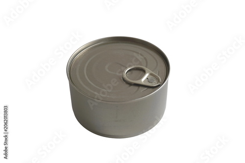 Blank metal tin can with pull ring isolated on white background. Unlabelled mockup of canned food, meat, fish or pet food container for packaging design. Emergency survival ration concept.