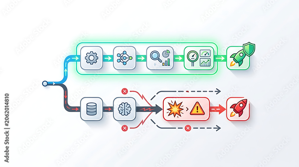 Fototapeta premium AI workflow risk mitigation showing safer alternative process path compared to risky flow in clean minimal business technology illustration representing decision optimization and risk reduction in aut