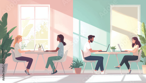 Fényképezés Diverse Remote Workers Character Illustration Set in Home Office Environments