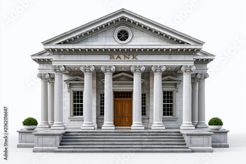 Building with columns and doors in front of a bank during daylight hours