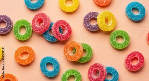 Colorful Sour Candy Rings Scattered on a Light Pink Background.