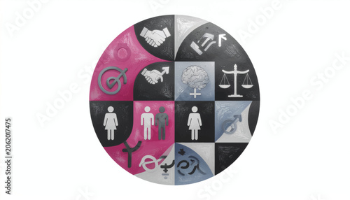 Fotografía Gender Equality Symbols with Scales and Handshake Line Art Icon Set