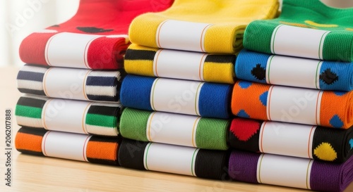 Colorful Stacked Socks Displayed on a Wooden Surface.