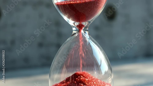 Close-Up View of Vibrant Red Sand Flowing Through a Glass Hourglass Outdoors