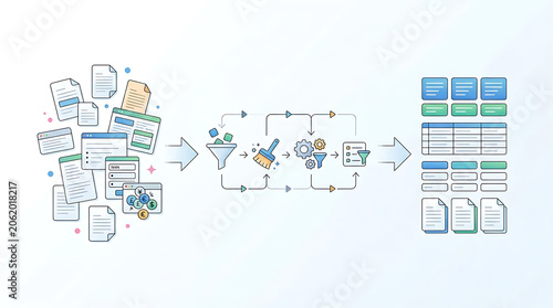 Data normalization workflow standardizing inconsistent input formats in clean minimal business technology illustration representing structured data processing and integration systems