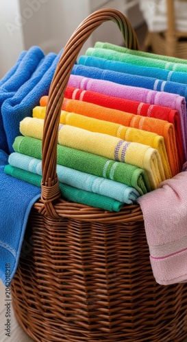 Colorful Stack of Folded Towels in a Wicker Basket.