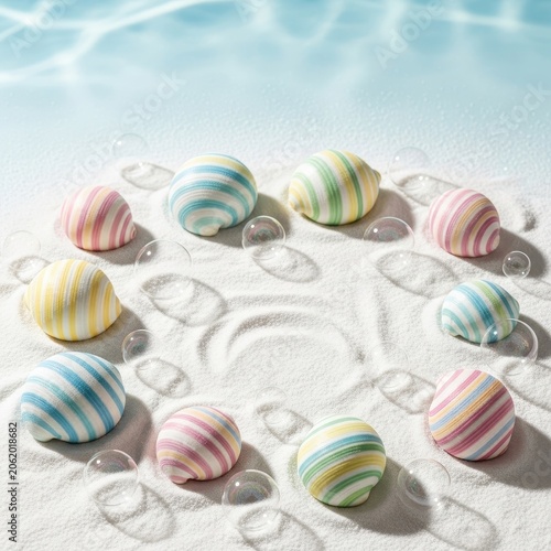 Colorful striped candies arranged in a circle on white sand with water reflections.