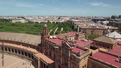 Aerial drone shot of Seville, the capital city of Spain's Andalusia region