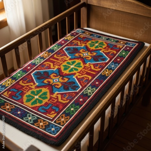 Colorful Traditional Kilim Rug in a Wooden Crib.