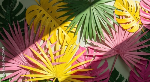 Colorful Tropical Leaves Pattern with Sunlight Shadows.
