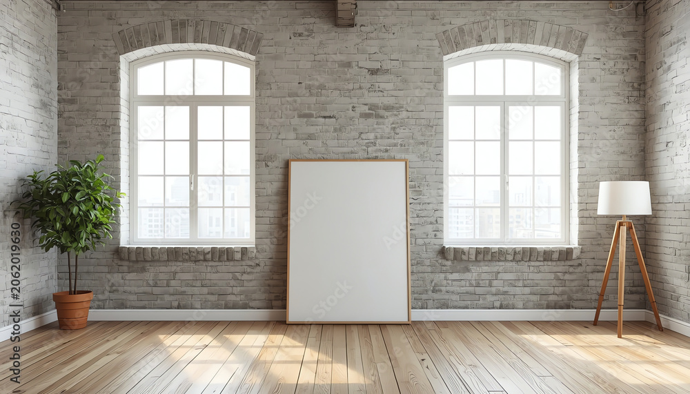 Fototapeta premium Empty room apartment interior background with brick wall, wooden floor, windows, city background. Abstract open space loft, minimalist living room. Modern 3D interior design renovation concept mockup