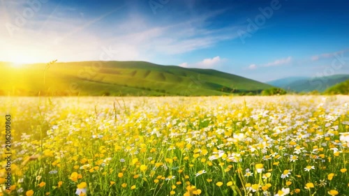 Field of wild daisies and yellow buttercups under a bright sunrise. Rolling green hills in the distance against a clear blue sky, spring meadow, natural landscape.