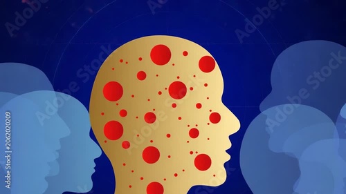 Golden human head silhouette with red circular spots surrounded by overlapping blue semi-transparent head profiles representing disease outbreak or viral infection.