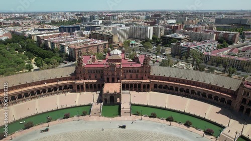Aerial drone shot of Seville, the capital city of Spain's Andalusia region