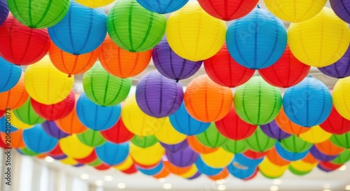 Colorful Lanterns Hanging Indoors.
