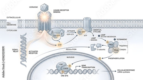 Detailed diagram illustrating the G-protein coupled receptor signaling pathway, showing hormone binding, cAMP production, PKA activation, and gene transcription in a cell.