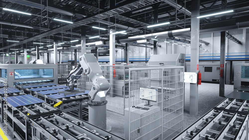 Fototapeta premium Solar panel logistics factory with robotic arms placing photovoltaic modules on conveyor belts, 3D render, high-tech modern manufacturing warehouse producing solar cells for energy industry.