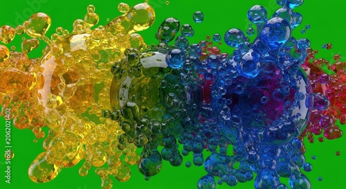 Colorful liquid splashes in motion against a green background.