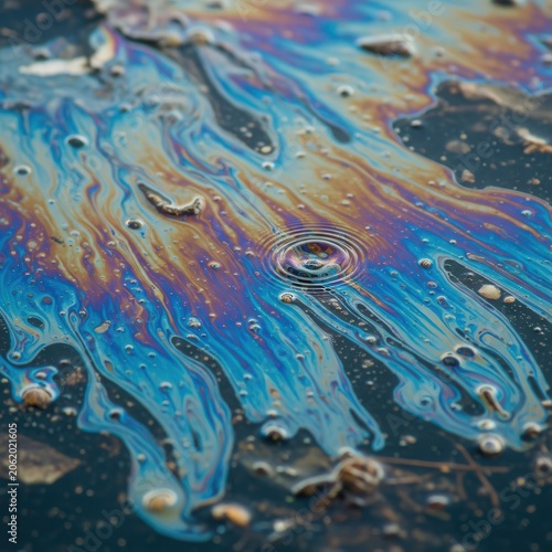 Colorful oil slick on dark water surface with ripples.