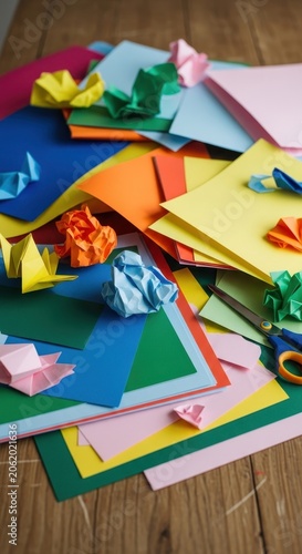 Colorful Origami Paper and Craft Supplies Scattered on Wooden Table.