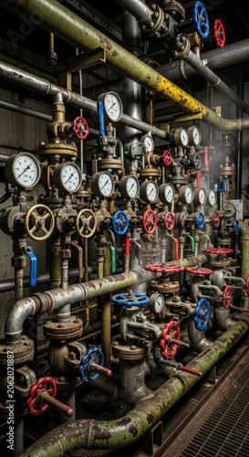 Complex Industrial Piping System with Gauges and Valves.