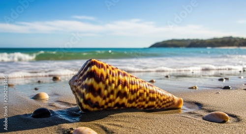 Cone Shell on Sandy Beach with Ocean Waves and Blue Sky.