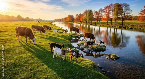 Cows and goats grazing peacefully by a river at sunrise in a rural landscape.