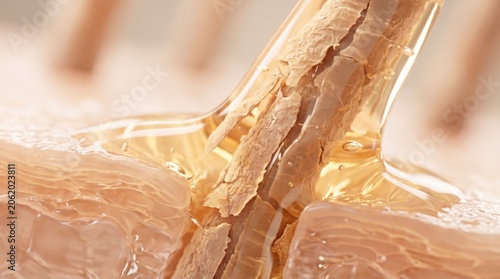 A microscopic view of a damaged hair shaft being treated with a nourishing liquid serum treatment.