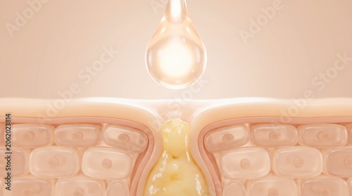 A 3D cross-section showing a skin pore with sebum being treated by a drop of skincare serum.
