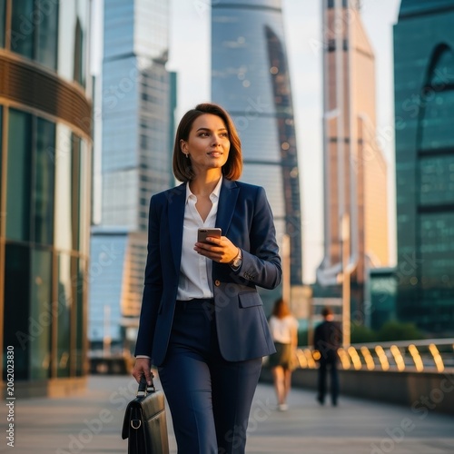 Confident businesswoman walking in modern city financial district holding smartphone and briefcase.