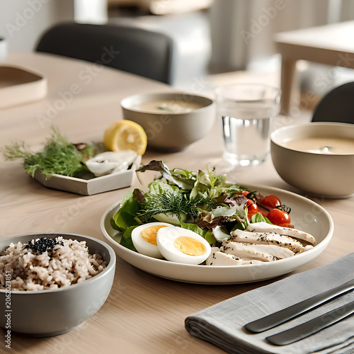 Balanced Diet Meal with Grilled Chicken Breast, Boiled Egg, and Salad / 鶏胸肉のグリルとゆで卵に新鮮なサラダを添えたバランスの良い健康食