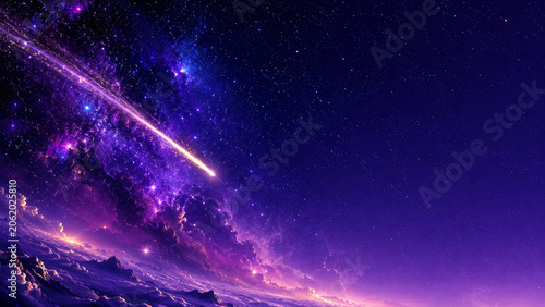 紫色の星雲と雲海を斜めに横切る一筋の流星