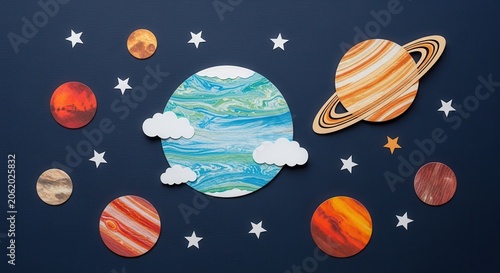 Colorful Planets and Stars in Outer Space.