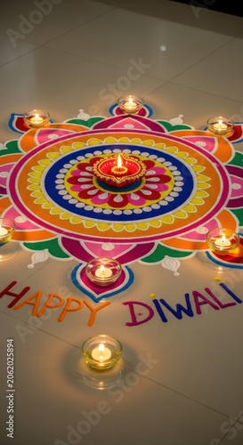 Colorful Rangoli Decoration with Happy Diwali Message and Diyas.