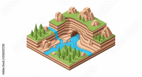 Fotografía Isometric view of a layered canyon landscape with a river and trees, showcasing geological formations and natural beauty