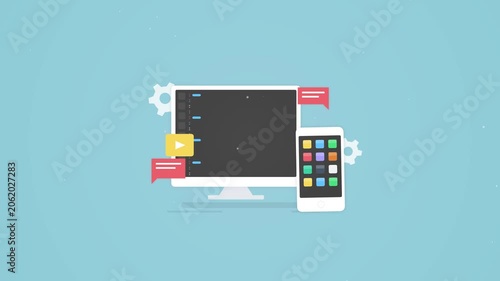 Minimalist Desktop Computer And Smartphone With Coding Interface On Light Blue Background