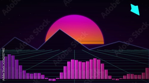 Neon Sunset Mountain Landscape With Digital Sound Wave Frequency Visualizer In Retro Stylized Aesthetic