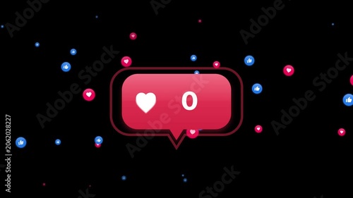 Rising Social Media Heart Notification Counter Animation Against A Dark Black Background