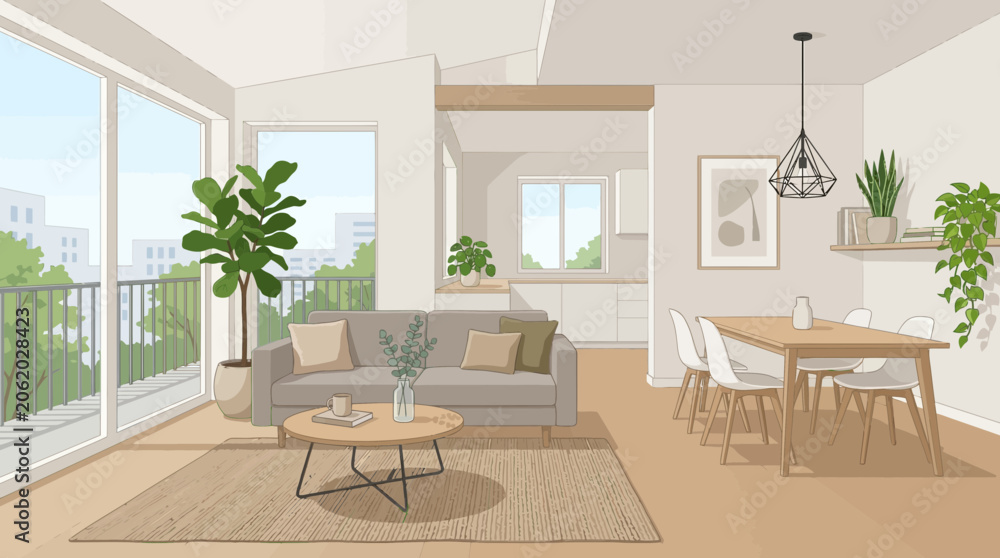Fototapeta premium Modern Apartment Interior Design with Balcony, Natural Light and Green Plants