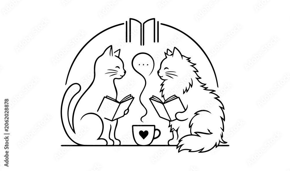 Fototapeta premium Cute cat and dog reading books, coffee cup, line art illustration, pet lovers, animal friends
