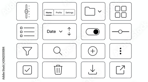 Collection of simple line icons representing user interface elements for digital applications and.