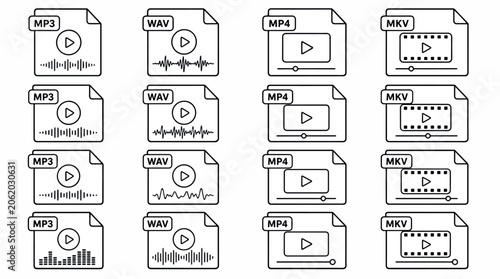 Collection of icons representing audio and video file formats including MP3, WAV, MP4, and MKV.