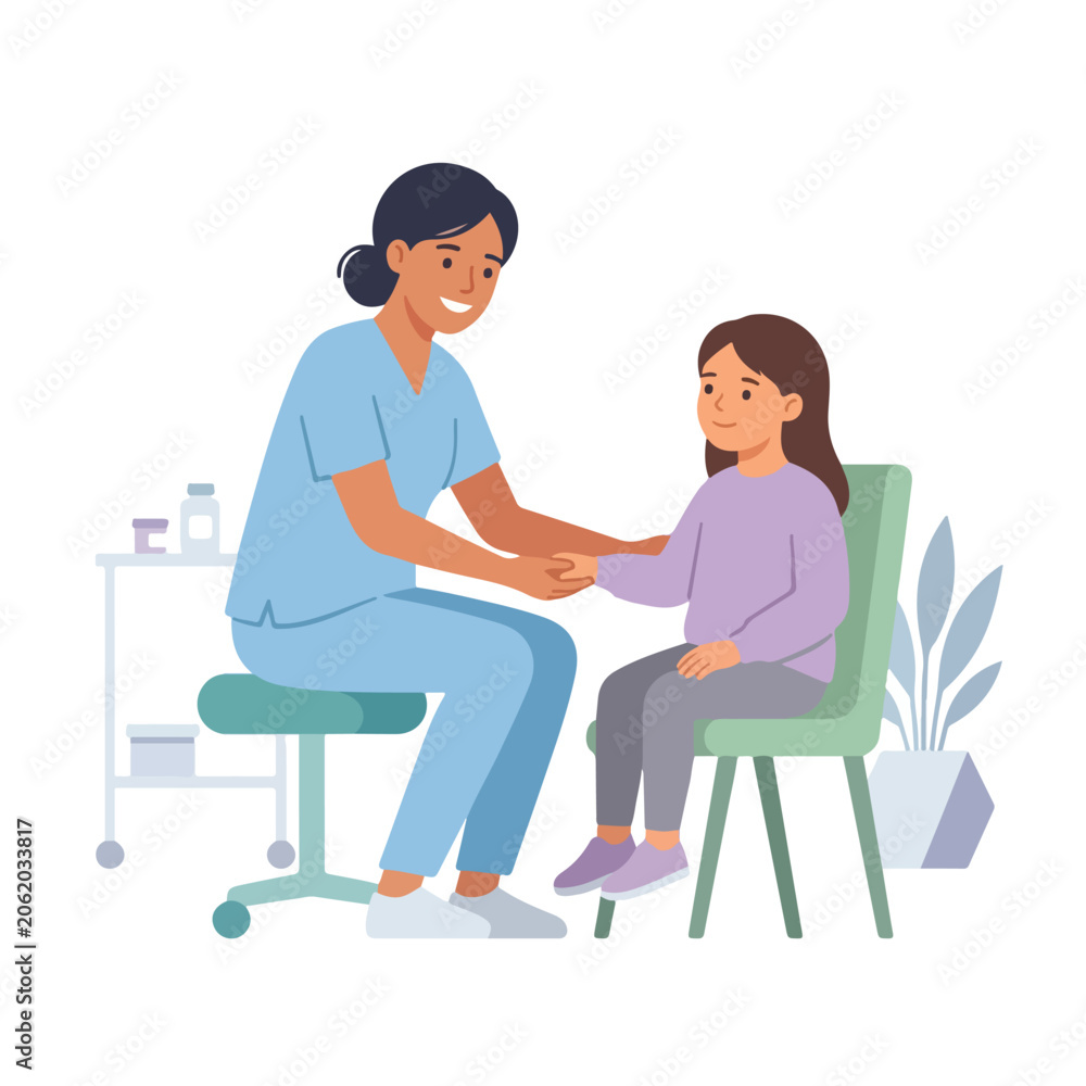 Fototapeta premium A caring doctor in blue scrubs gently holds a young girl's hand during a checkup in a bright medical clinic filled with essential equipment.