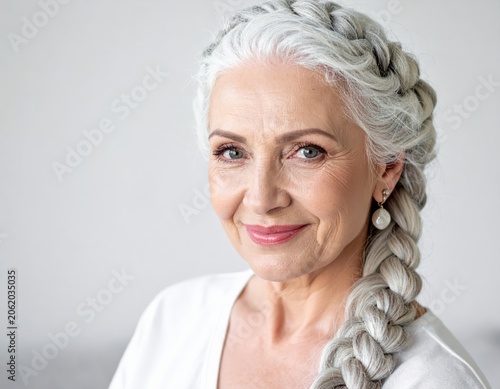 Close-up portrait of a mature woman with silver hair in a side braid, wearing a white shirt and pearl earrings, isolated on a light gray studio backdrop.