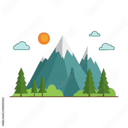 Flat design mountain landscape with forest and sun