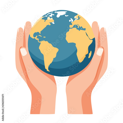 Hands holding the Earth in flat design style