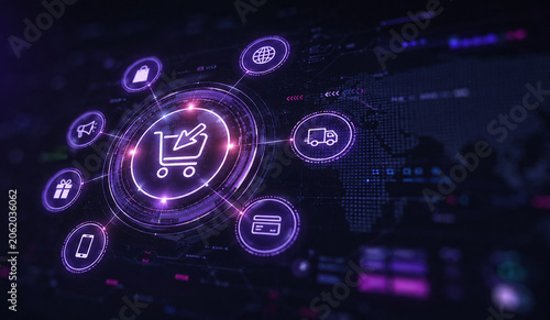 AI generated futuristic ecommerce ecosystem connected shopping services digital payments logistics marketing automation global online retail technology